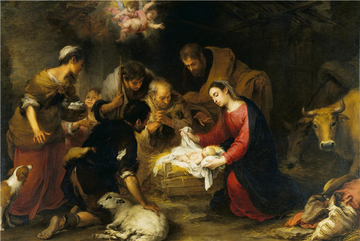 巴托洛梅·埃斯特班·穆里略（Bartolomé Esteban Murillo，西班牙画家）高清作品-《牧羊人的崇拜（c. 1665 - c. 1670）》