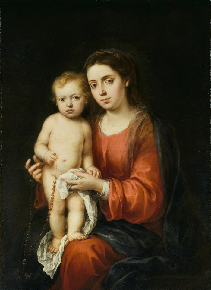 巴托洛梅·埃斯特班·穆里略（Bartolomé Esteban Murillo，西班牙画家）高清作品-《圣母子与念珠（约 1670-1680 年）》