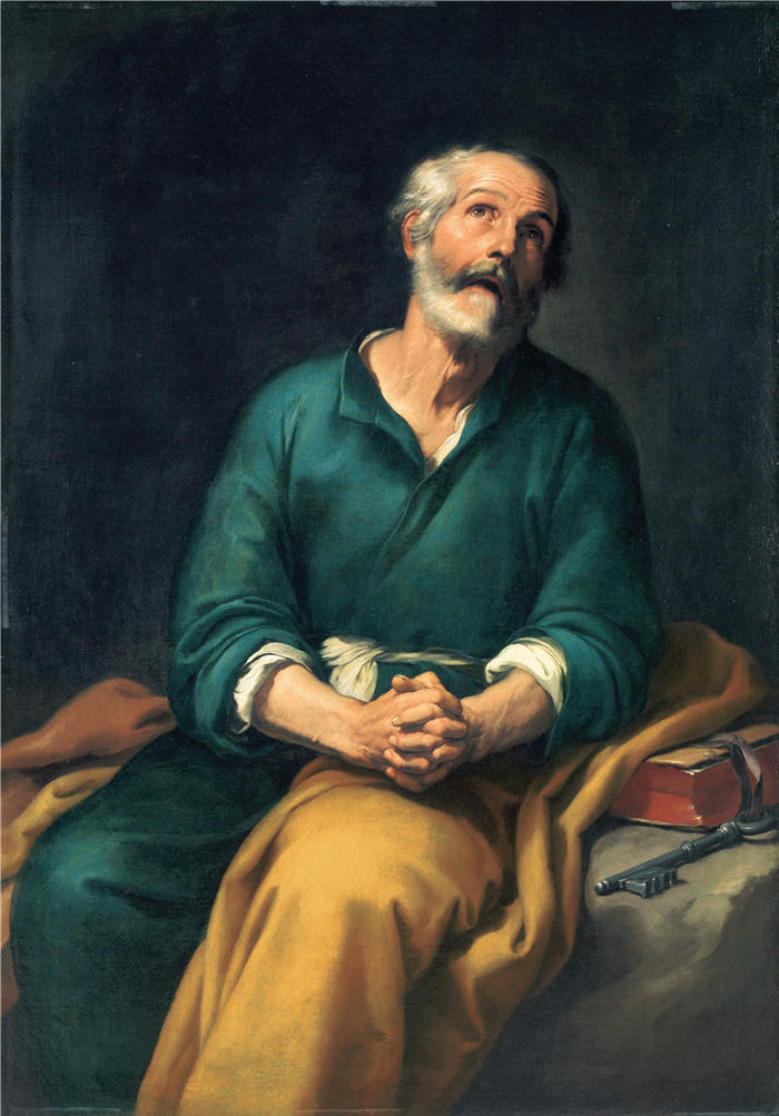 巴托洛梅·埃斯特班·穆里略（Bartolomé Esteban Murillo，西班牙画家）高清作品-《泪中的圣彼得 (1650-1655)》