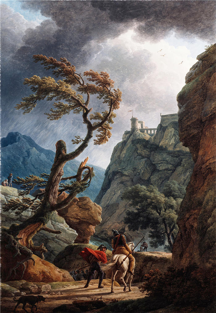 克劳德·约瑟夫·韦内特（ Claude-Joseph Vernet，法国画家）高清作品-《山峡中的士兵，暴风雨中（1789 年）》