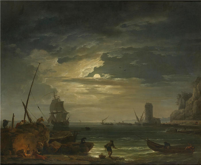 克劳德·约瑟夫·韦内特（ Claude-Joseph Vernet，法国画家）高清作品-《月光下的地中海入口（1748 年）》