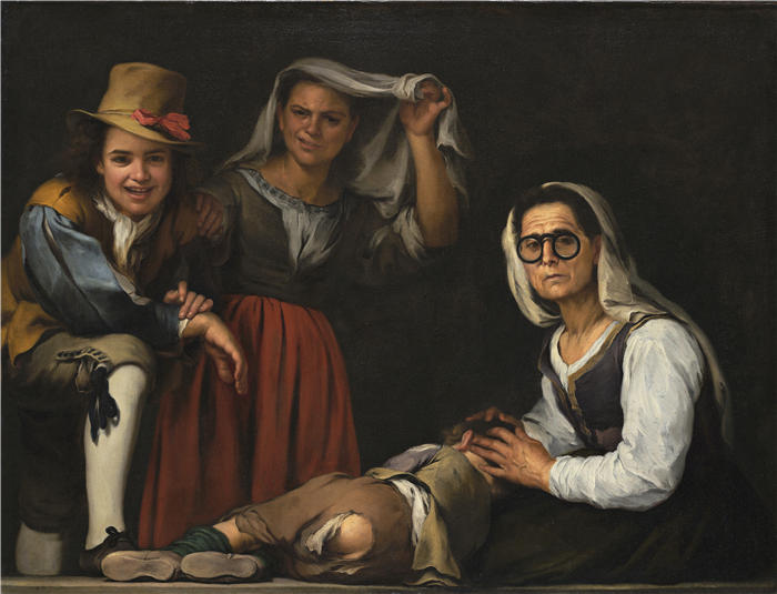 巴托洛梅·埃斯特班·穆里略（Bartolomé Esteban Murillo，西班牙画家）高清作品-《台阶上的四个人物（C.1655）》