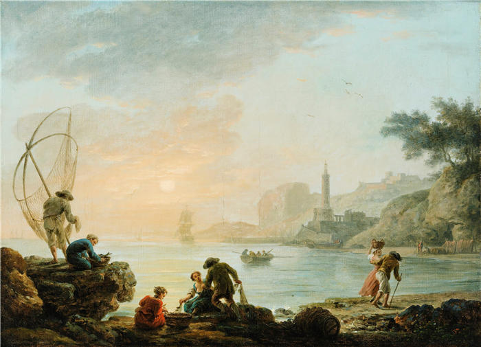 克劳德·约瑟夫·韦内特（ Claude-Joseph Vernet，法国画家）高清作品-《日出时的渔民》