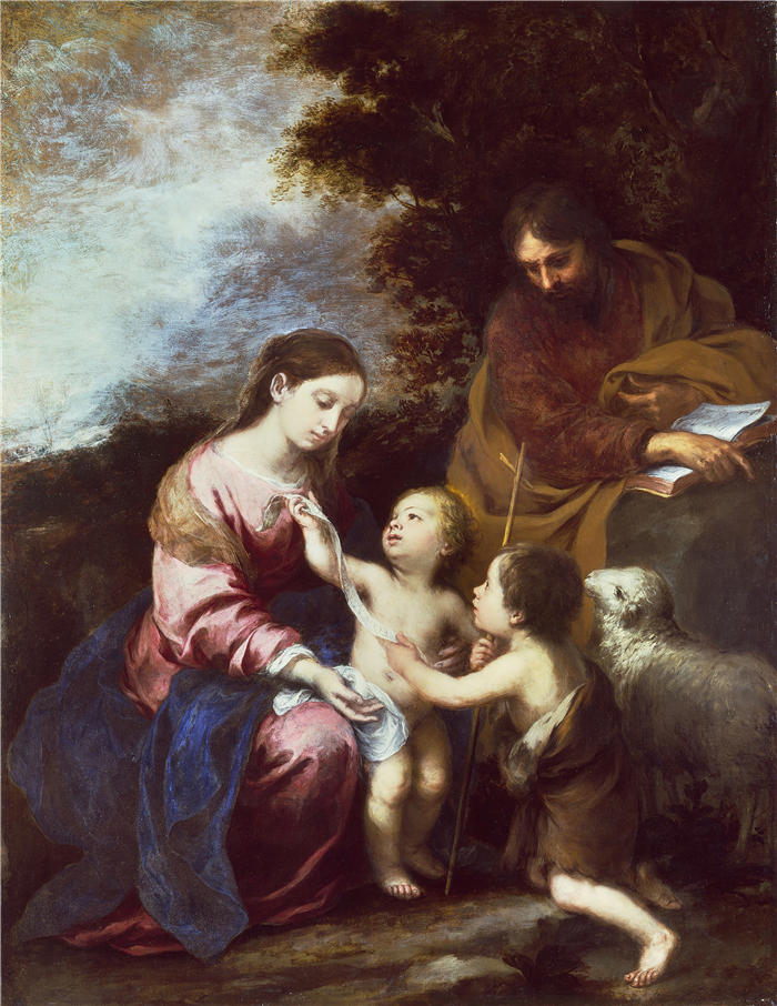 巴托洛梅·埃斯特班·穆里略（Bartolomé Esteban Murillo，西班牙画家）高清作品-《圣家族与婴儿浸信会（约 1670 年）》