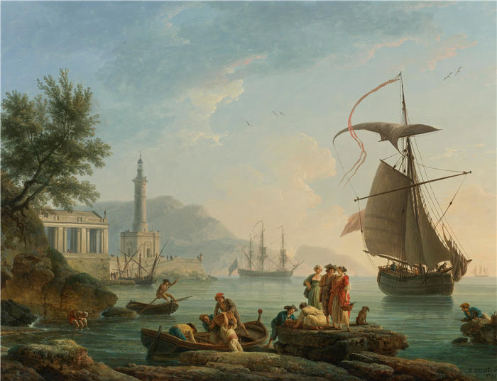 克劳德·约瑟夫·韦内特（ Claude-Joseph Vernet，法国画家）高清作品-《日落时的地中海港口》