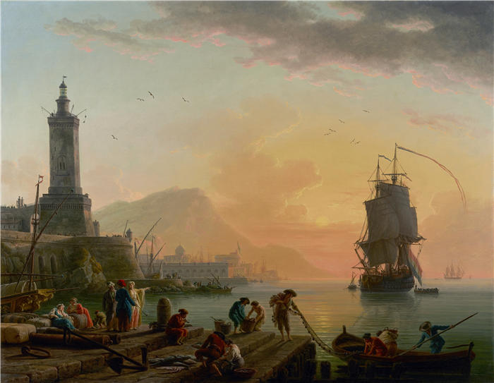 克劳德·约瑟夫·韦内特（ Claude-Joseph Vernet，法国画家）高清作品-《地中海港口的平静（1770）》