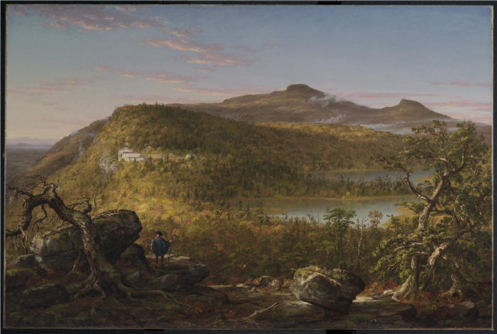 托马斯·科尔（Thomas Cole，美国画家）高清作品-《两个湖和山屋的视图，卡茨基尔山脉，早上》