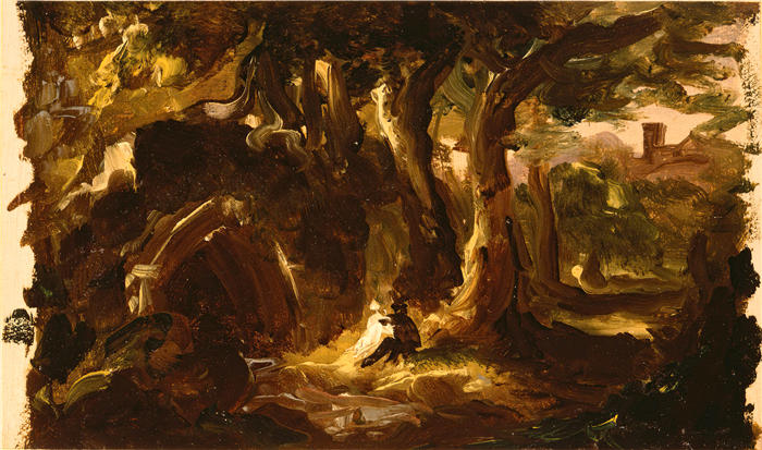托马斯·科尔（Thomas Cole，美国画家）高清作品-《树木繁茂的景观与人物（1837 年或 1838 年）》
