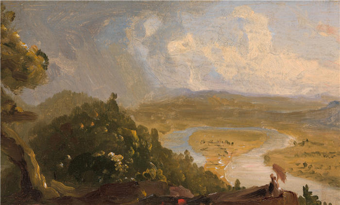 托马斯·科尔（Thomas Cole，美国画家）高清作品-《雷暴后从马萨诸塞州北安普敦霍利奥克山观看的素描（牛弓）（1836 年）》