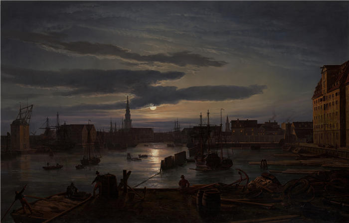 约翰·克里斯蒂安·达尔（Johan Christian Dahl，挪威画家）高清作品-《月光下的哥本哈根港（1846）》
