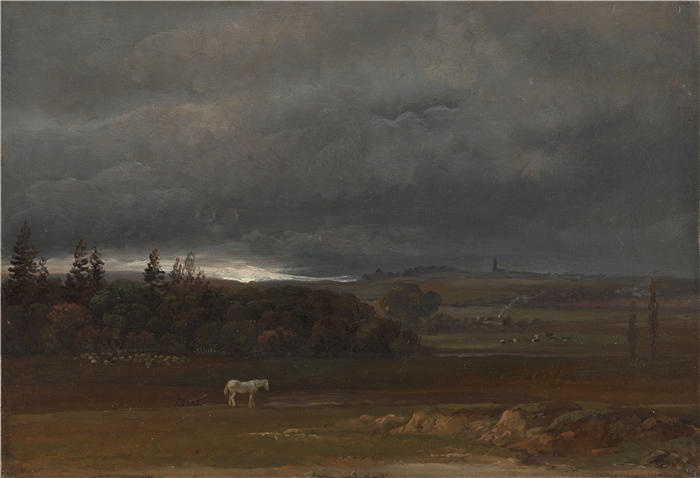 约翰·克里斯蒂安·达尔（Johan Christian Dahl，挪威画家）高清作品-《德累斯顿附近的田野与一匹白马（1819 年）》