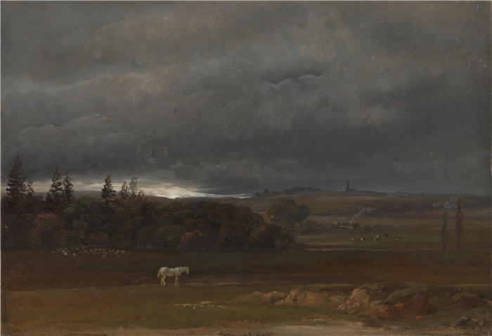 约翰·克里斯蒂安·达尔(Johan Christian Dahl,挪威画家)高清作品-《德累斯顿附近的田野与一匹白马(1819 年)》