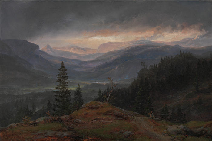 约翰·克里斯蒂安·达尔（Johan Christian Dahl，挪威画家）高清作品-《俯瞰哈林达尔 (1844)》