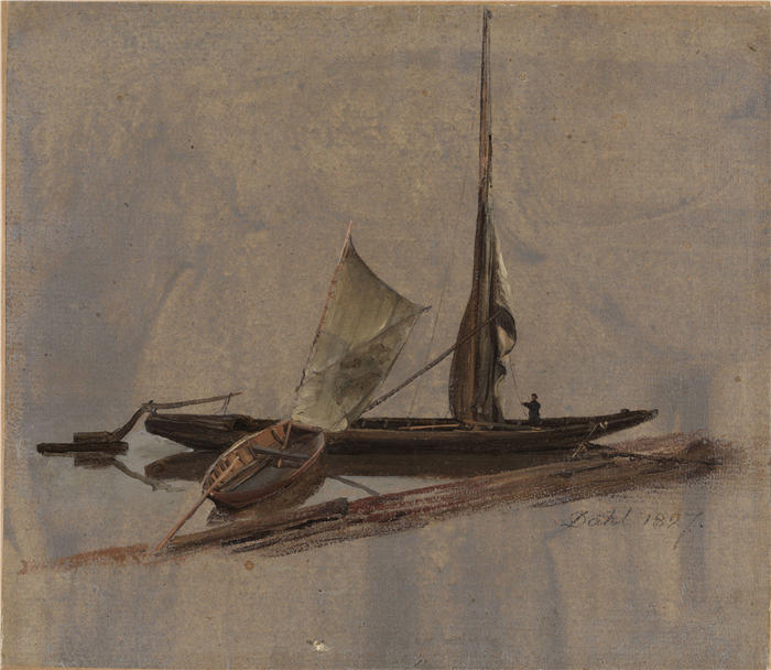 约翰·克里斯蒂安·达尔（Johan Christian Dahl，挪威画家）高清作品-《易北河的两艘帆船（1827 年）》