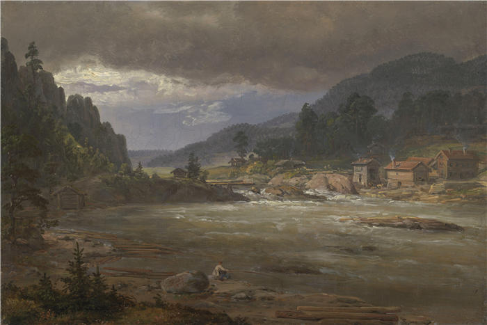 约翰·克里斯蒂安·达尔(Johan Christian Dahl,挪威画家)高清作品-《霍克松附近的海勒弗森(Hellefossen)(1847 年)》