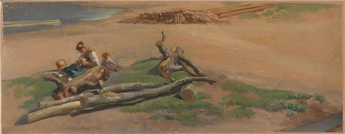 约翰·克里斯蒂安·达尔(Johan Christian Dahl,挪威画家)高清作品-《河岸上的女人和孩子(1823 年)》