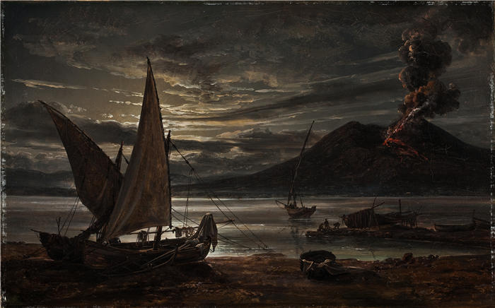 约翰·克里斯蒂安·达尔（Johan Christian Dahl，挪威画家）高清作品-《喷发中的维苏威火山。月光 (1821)》
