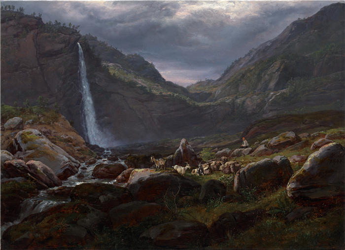 约翰·克里斯蒂安·达尔（Johan Christian Dahl，挪威画家）高清作品-《菲格瀑布 (Feigefossen)，挪威莱斯特峡湾 (1848)》