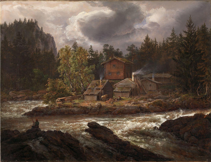 约翰·克里斯蒂安·达尔（Johan Christian Dahl，挪威画家）高清作品-《Hønefossen 的景色（1847 年）》