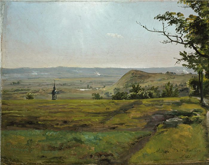 约翰·克里斯蒂安·达尔（Johan Christian Dahl，挪威画家）高清作品-《迈森附近的绿地（1828 年）》