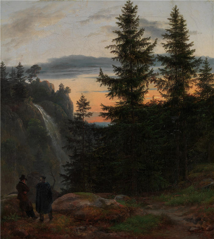 约翰·克里斯蒂安·达尔（Johan Christian Dahl，挪威画家）高清作品-《日落瀑布前的两个人（1823 年）》