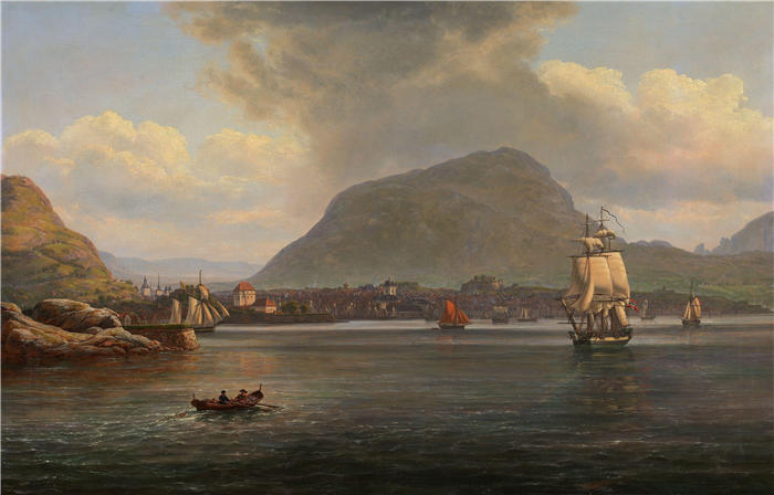 约翰·克里斯蒂安·达尔(Johan Christian Dahl,挪威画家)高清作品-《从北部入口看到的卑尔根(1836 年)》