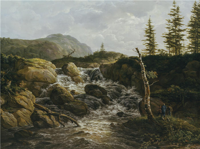 约翰·克里斯蒂安·达尔（Johan Christian Dahl，挪威画家）高清作品-《有瀑布的山地景观，挪威（1817 年）》