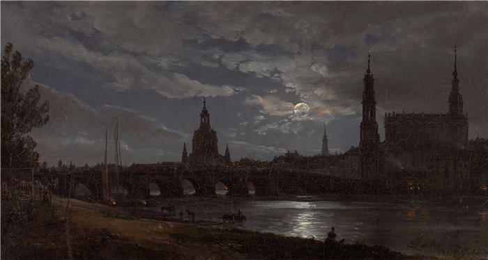 约翰·克里斯蒂安·达尔(Johan Christian Dahl,挪威画家)高清作品-《月光下的德累斯顿景观(1838 年)》