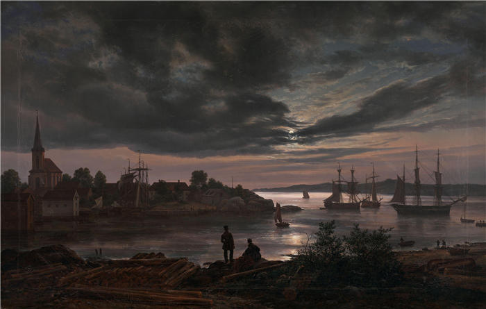 约翰·克里斯蒂安·达尔（Johan Christian Dahl，挪威画家）高清作品-《月光下的拉尔维克 (1839)》