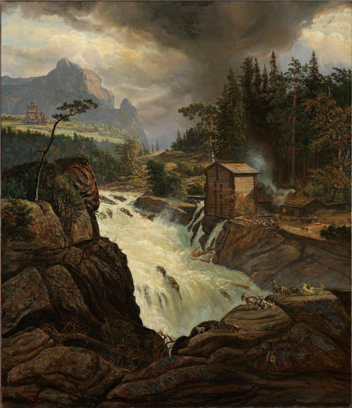 约翰·克里斯蒂安·达尔（Johan Christian Dahl，挪威画家）高清作品-《Labrofoss 的上游瀑布 (1855-1856)》