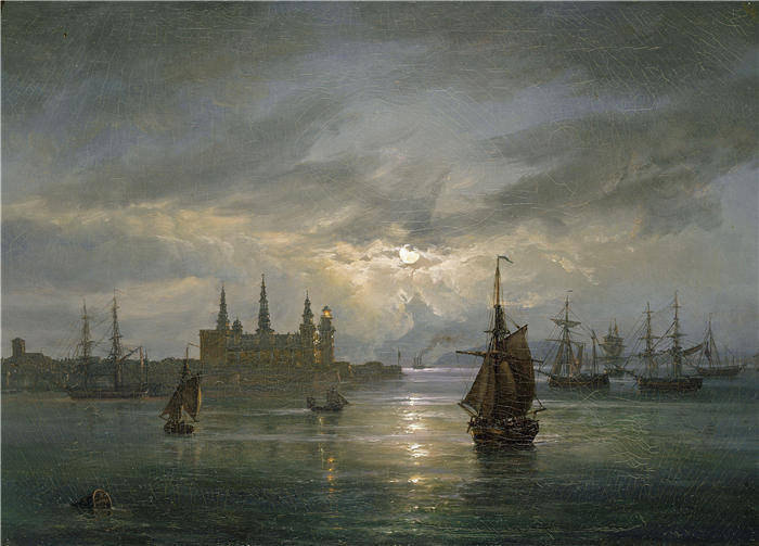 约翰·克里斯蒂安·达尔(Johan Christian Dahl,挪威画家)高清作品-《月光下的克伦堡城堡 (1849)》