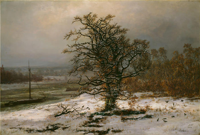 约翰·克里斯蒂安·达尔（Johan Christian Dahl，挪威画家）高清作品-《冬天易北河边的橡树（1853 年）》