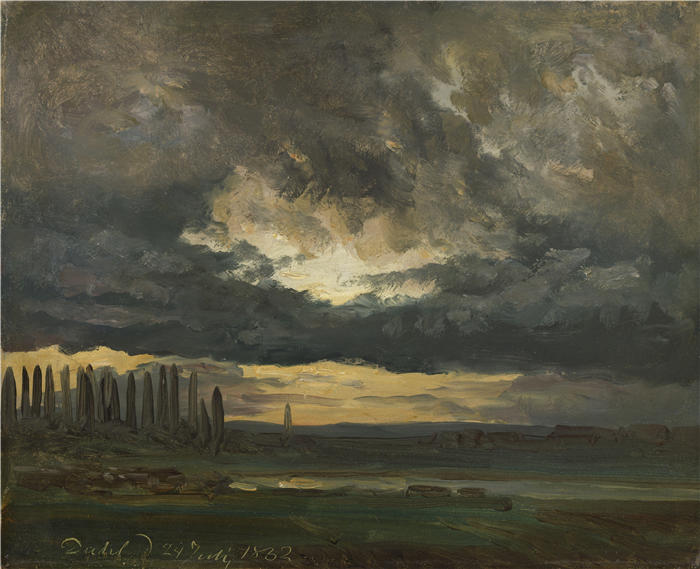 约翰·克里斯蒂安·达尔(Johan Christian Dahl,挪威画家)高清作品-《易北河上的白杨云(1832 年)》