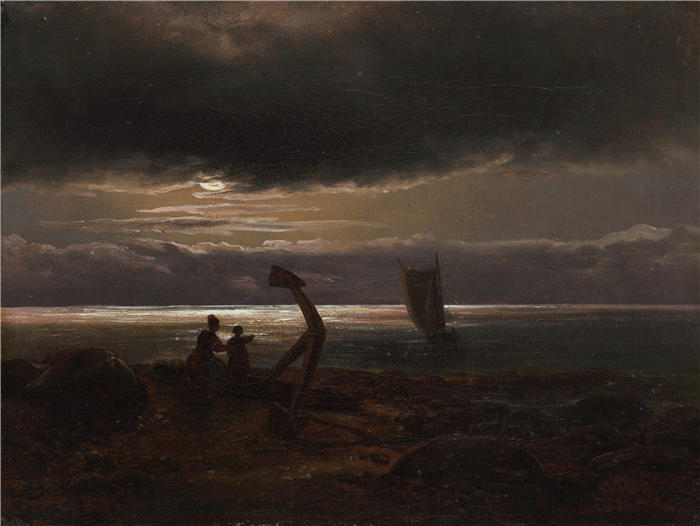 约翰·克里斯蒂安·达尔（Johan Christian Dahl，挪威画家）高清作品-《海边的母子 (1830)》
