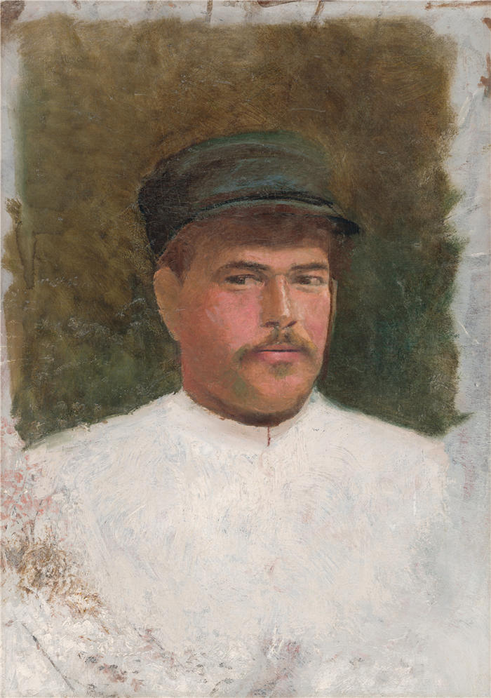 拉迪斯拉夫·梅德尼亚斯基（Ladislav Mednyánszky，匈牙利画家）高清作品-《研究戴皮帽的男人（1880-1900 年）》