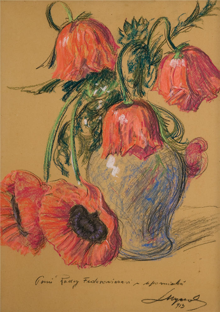 莱昂·扬·维佐科夫斯基(Jacek Malczewski，波兰画家)高清作品-《花瓶里的罂粟（1913）》