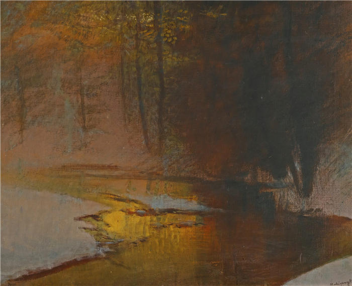 拉迪斯拉夫·梅德尼亚斯基（Ladislav Mednyánszky，匈牙利画家）高清作品-《夕阳下的雪河》