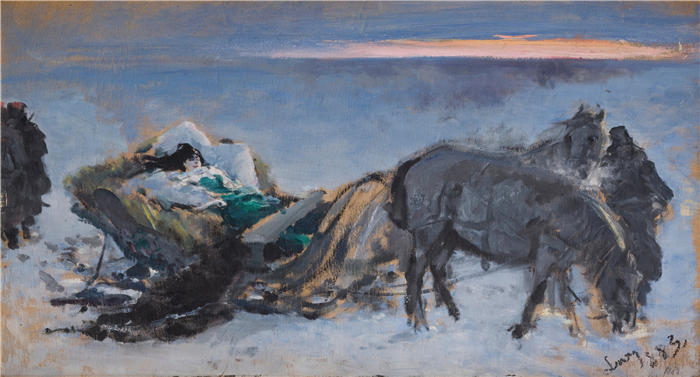 莱昂·扬·维佐科夫斯基(Jacek Malczewski,波兰画家)高清作品-《雪橇上的格特鲁达·科莫罗斯卡 (1883)》