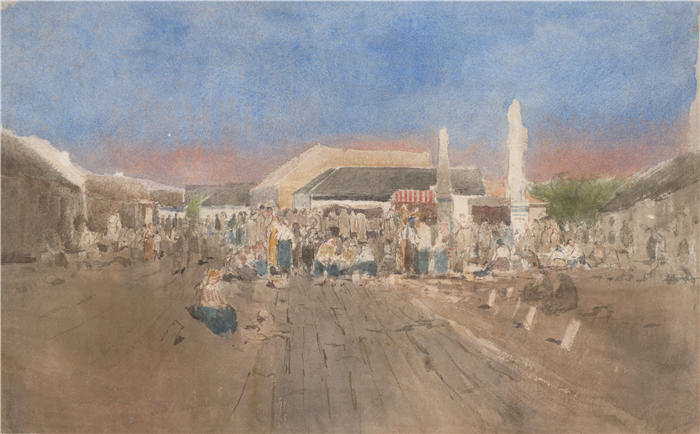 拉迪斯拉夫·梅德尼亚斯基（Ladislav Mednyánszky，匈牙利画家）高清作品-《索尔诺克市场（1880 年）》