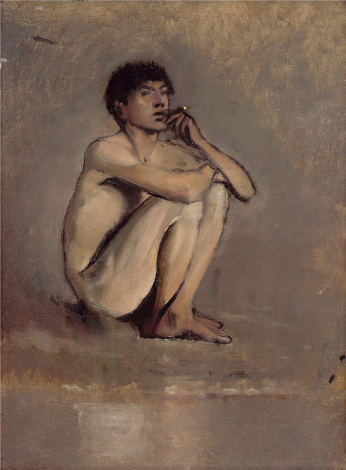 拉迪斯拉夫·梅德尼亚斯基（Ladislav Mednyánszky，匈牙利画家）高清作品-《一个年轻人坐着的裸体研究（1875-1885）》