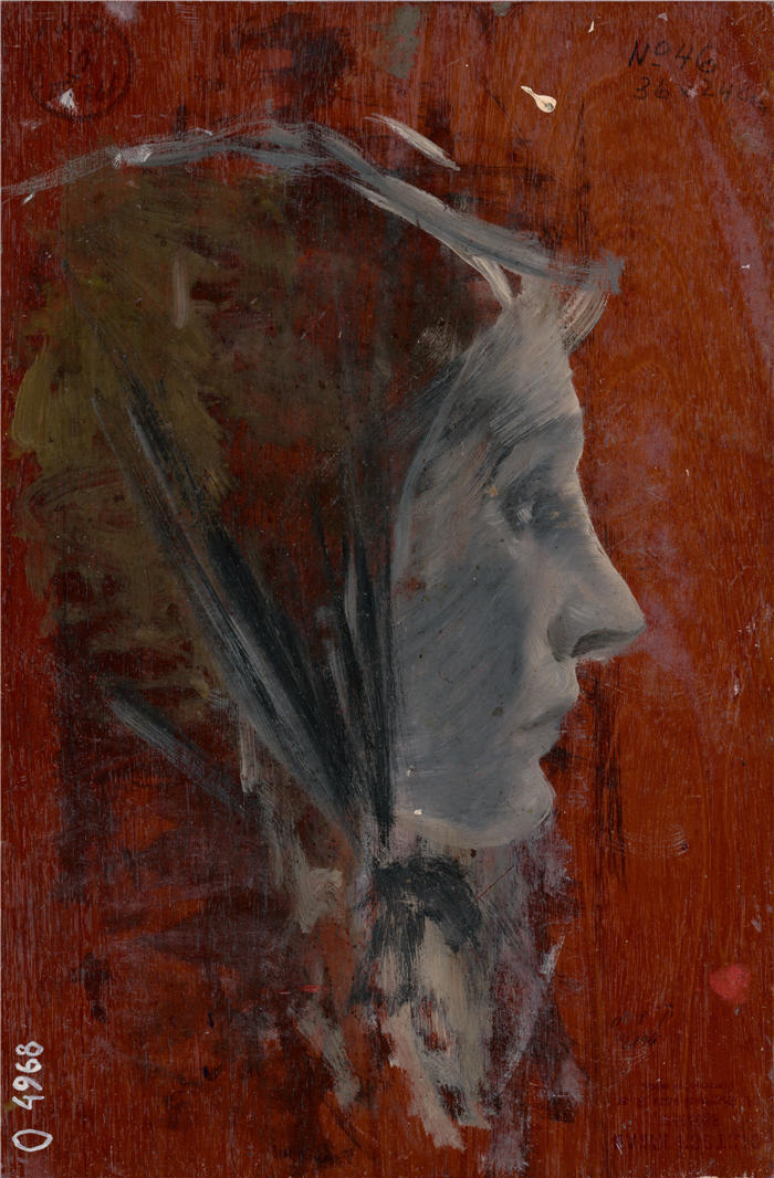 拉迪斯拉夫·梅德尼亚斯基(Ladislav Mednyánszky,匈牙利画家)高清作品-《从侧面研究女性头部(1880-1900)》