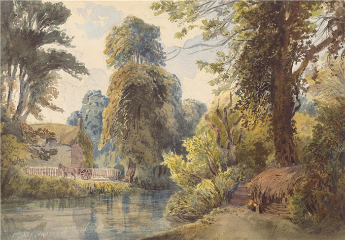 拉迪斯拉夫·梅德尼亚斯基(Ladislav Mednyánszky,匈牙利画家)高清作品-《带池塘和雪橇的瑞士公园(1870 年)》