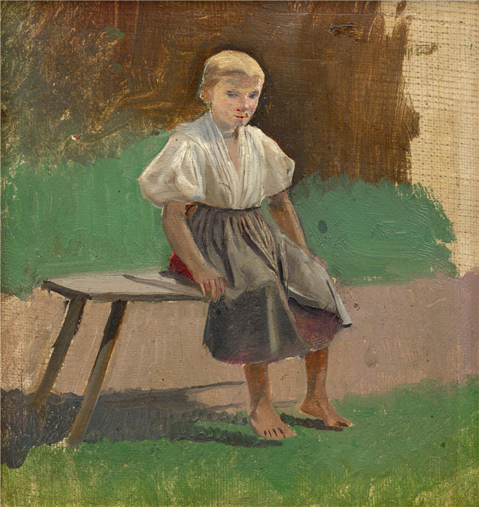 拉迪斯拉夫·梅德尼亚斯基（Ladislav Mednyánszky，匈牙利画家）高清作品-《一个坐着的农民女孩的研究（1880-1900）》