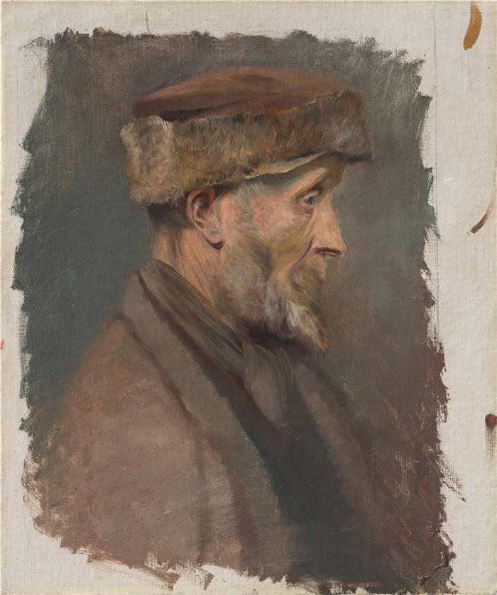 拉迪斯拉夫·梅德尼亚斯基（Ladislav Mednyánszky，匈牙利画家）高清作品-《一个戴着皮帽的可怜老人的研究（1878-1880）》