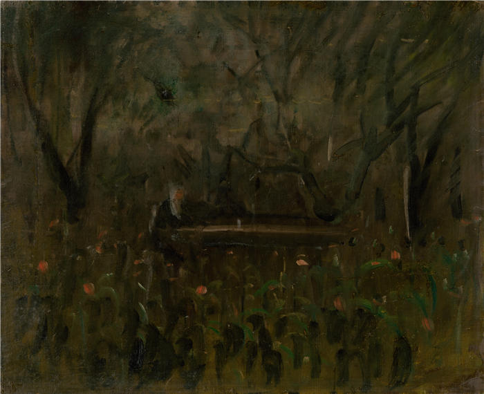 拉迪斯拉夫·梅德尼亚斯基（Ladislav Mednyánszky，匈牙利画家）高清作品-《在餐桌旁的花园里（1900 – 1910）》