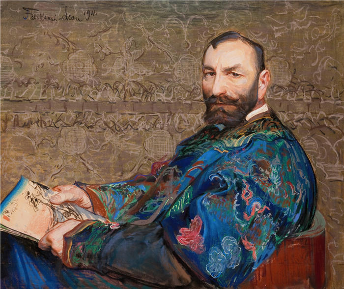 莱昂·扬·维佐科夫斯基(Jacek Malczewski,波兰画家)高清作品-《身着蓝色卡夫坦的费利克斯·贾西恩斯基肖像(1911年) 》