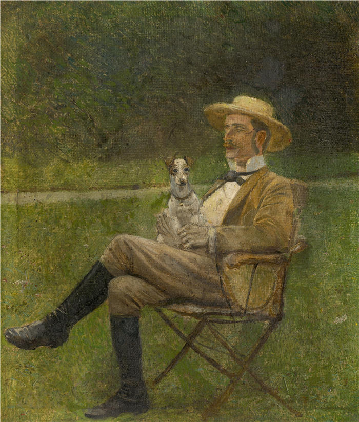拉迪斯拉夫·梅德尼亚斯基（Ladislav Mednyánszky，匈牙利画家）高清作品-《一个坐着的人带着狗的研究（1880-1900）》