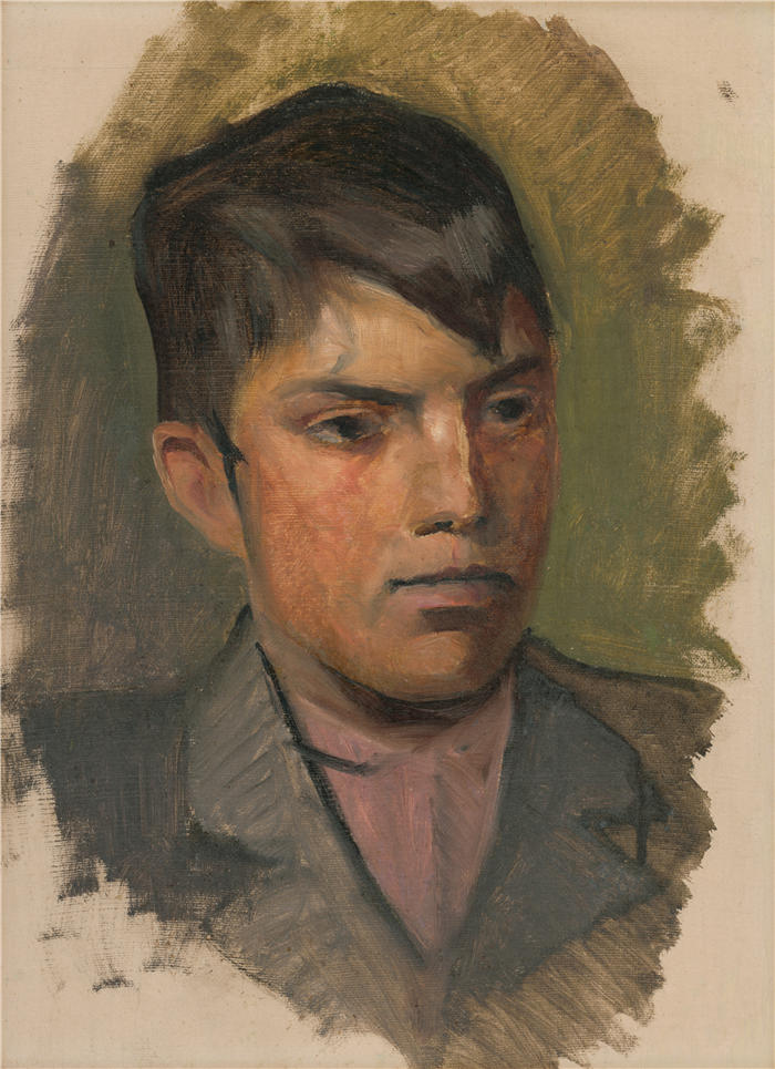 拉迪斯拉夫·梅德尼亚斯基（Ladislav Mednyánszky，匈牙利画家）高清作品-《一个穿粉色衬衫的男孩的头部研究（1880-1900）》