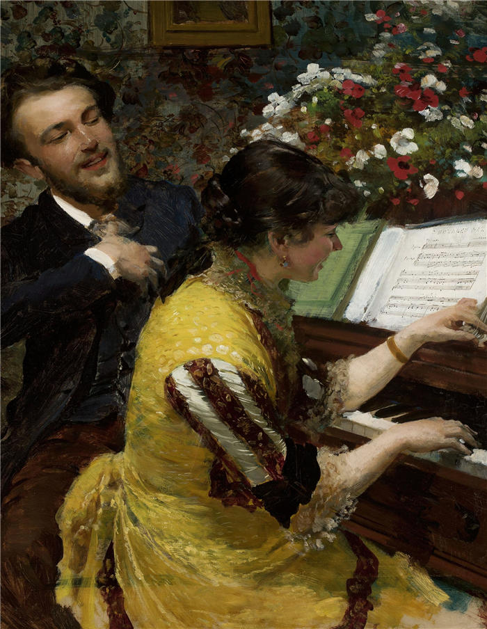 莱昂·扬·维佐科夫斯基(Jacek Malczewski，波兰画家)高清作品-《“我见过一次”——钢琴场景（1884）》