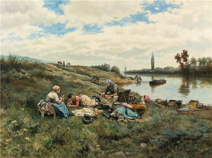 丹尼尔·里齐微·齐施(Daniel Ridgway Knight,美国画家)高清作品-《Après Un Déjeuner;塞纳河边 (1918)》